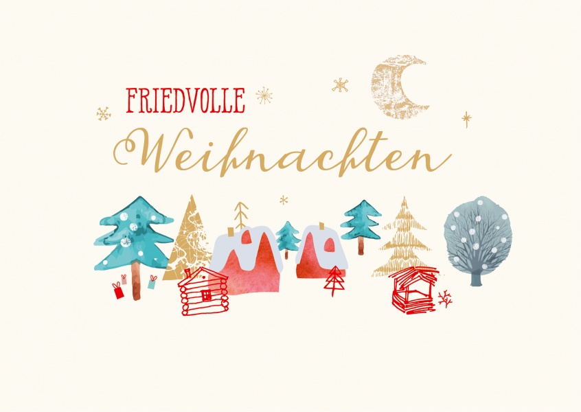 Grusskarte friedvolle Weihnachten verschneites Dorf Zeichnung niedlich