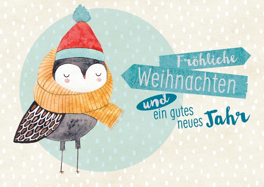 Süßer kleiner Vogel mit Mütze und Schal wünscht frohe Weihnachten und Neues Jahr