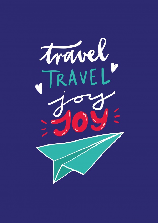 Travel, travel, joy, joy. Handwritten text on blue background