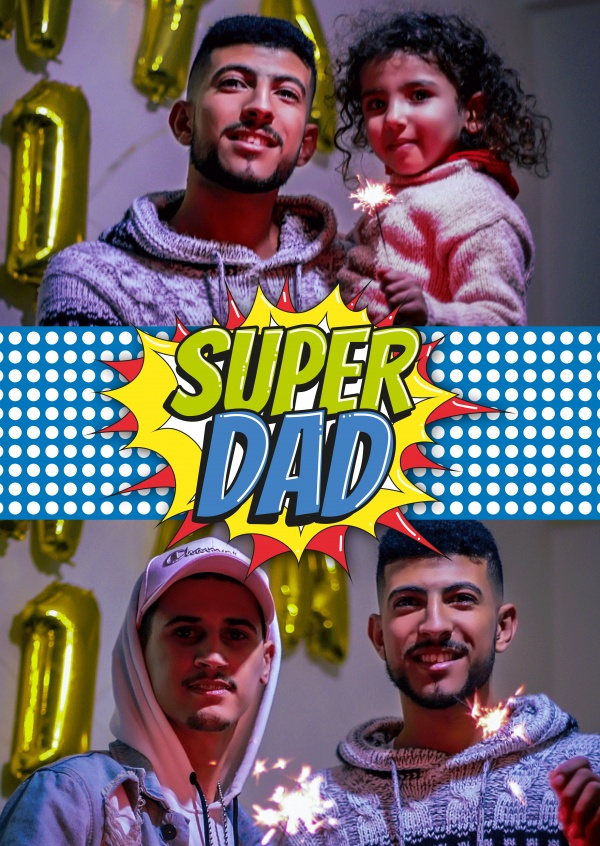 Super dad Superhelden Logo Pop art Style in rotm gelb und blau