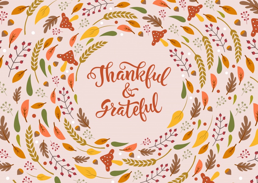 Thankful & Grateful. Handgeschriebener Text und Blätter.