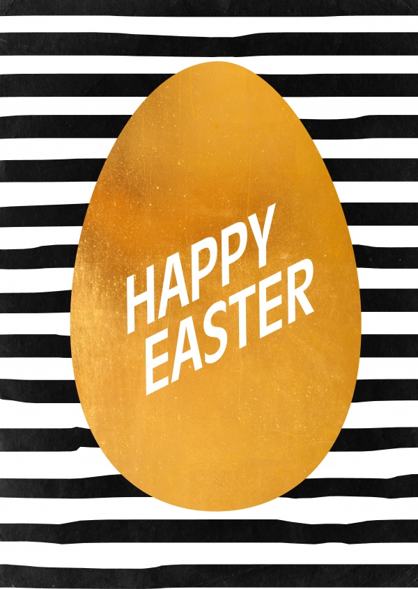 Golden Easter egg on black and white striped background–mypostcard