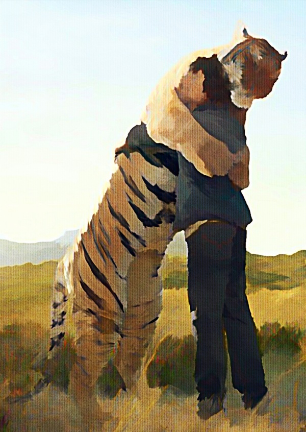 Kubistika tiger hugging a man