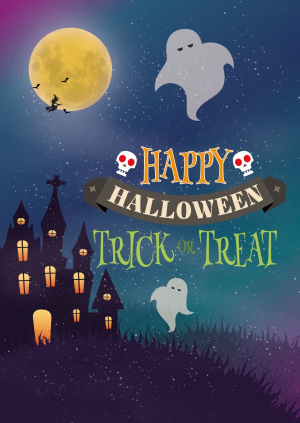 Happy halloween card with ghost, skull and quote happy halloween - Trick or treat