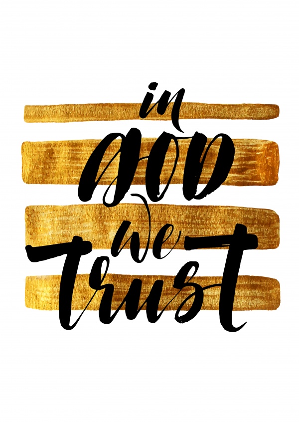 In god we trust: black calligraphy lettering on golden striped background