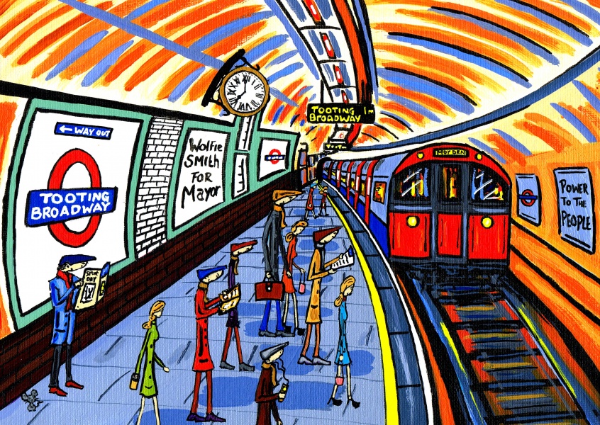 Ilustración del Sur de Londres, el Artista Dan el Sur de Londres, el Artista Dan unground sobre el suelo