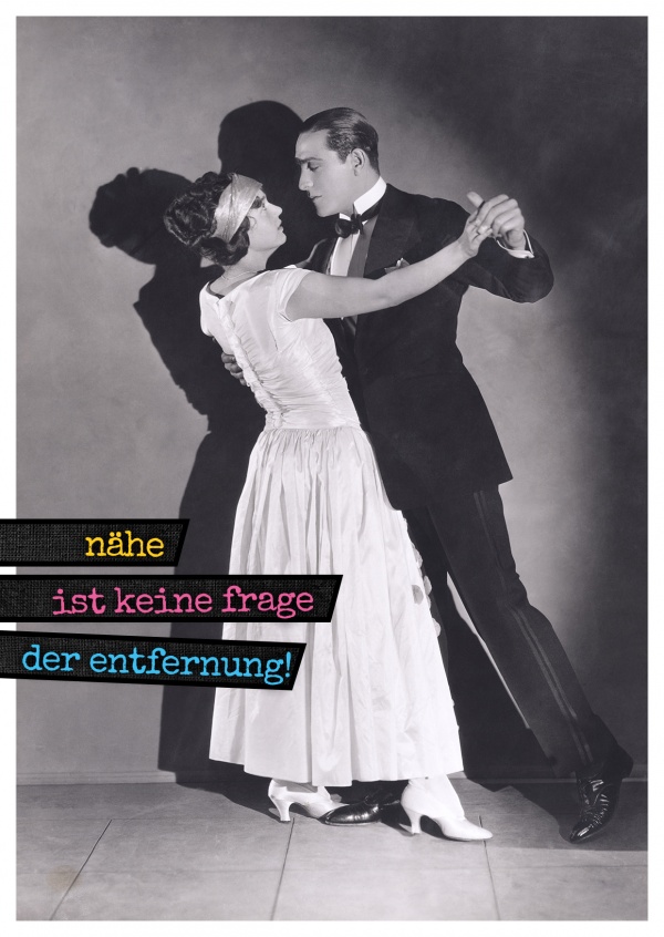 tanzpaar schwarz weiss vintage postcard mit spruch