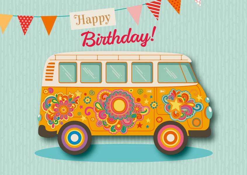 hippie auto happy birthday postkarte grusskarte