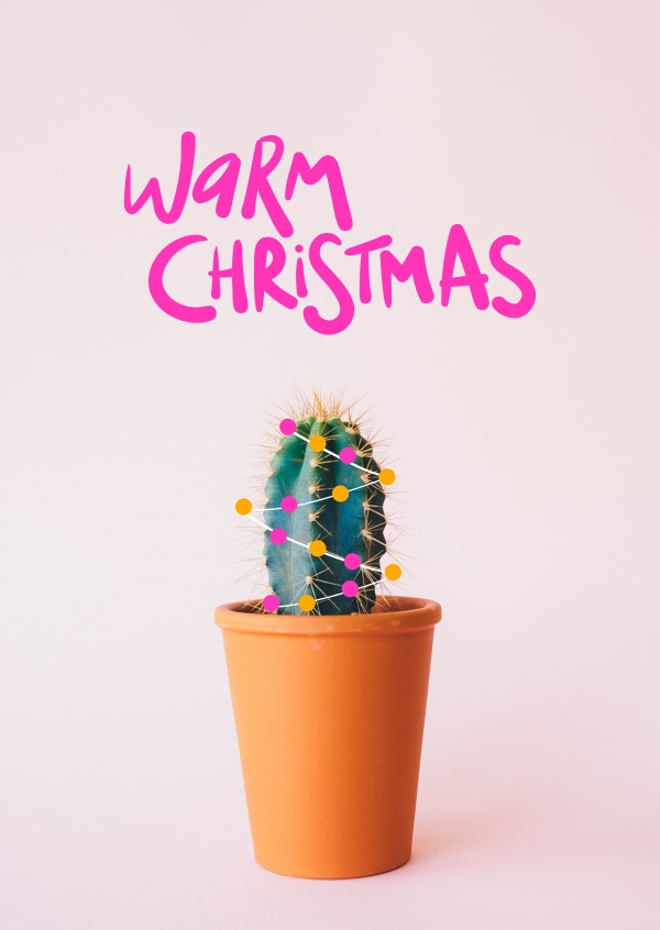 Kleiner Kaktus mit Weihnachtslichtern, warme Weihnachten