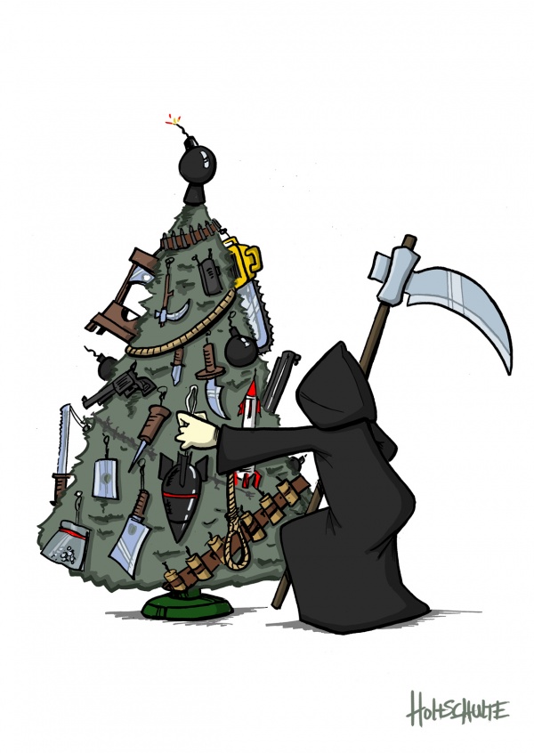 tot aber lustig Michael Holtschulte Cartoon Tod am Weihnachtsbaum