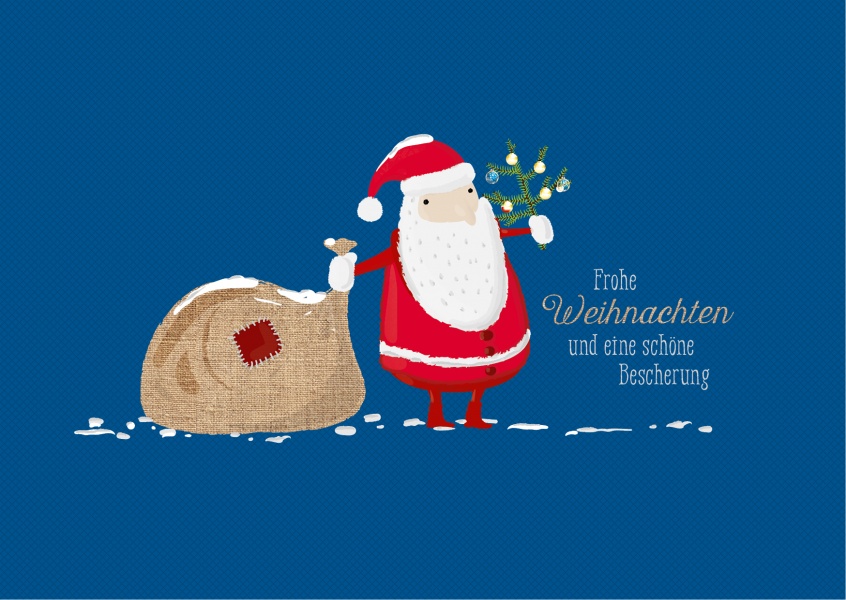 Süßer gemalter Weihnachtsmann mit Sack und Geschenken wünscht eine schöne Bescherung
