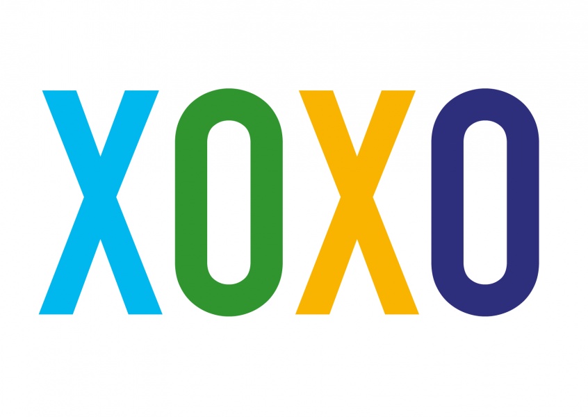 xoxo coloured lettering on white ground