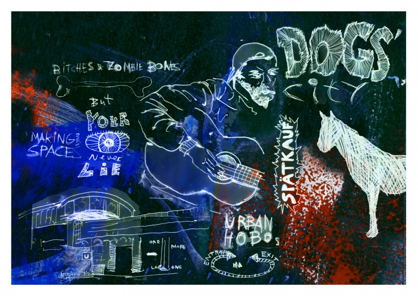 Belrost collage das Zong dog's city mit illustration von Hund, Penner, Berlin UBahn