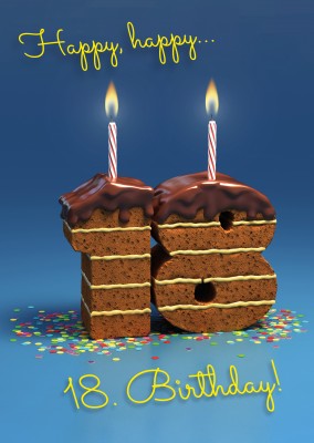18. Geburtstags-Schokoladenkuchen und blauem Hintergrund