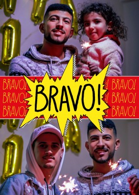 Personalisierbare grusskarte mit platz füe 2 Fotos, rotem balken mit kleinen gelben Bravo darin und einem großen Bravo in eine Comic Sprechblase