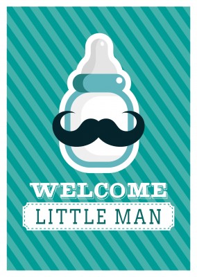 Welcome Little Man-Lettering with Moustache-Bottle on patterned Background