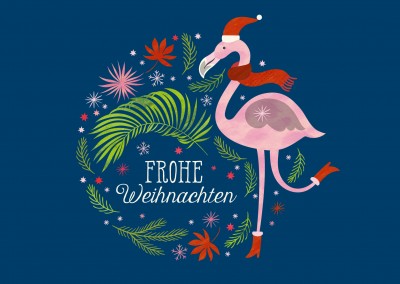 Merry Christmas Illustration Flamingo mit Schal und Mütze