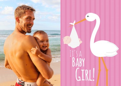 WeiÃŸer It's a baby girl- Schriftzug mit einem Storch und Baby auf pinkem Hintergrund