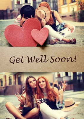 two little red hearts made of cloth on cardboard, get well soon.