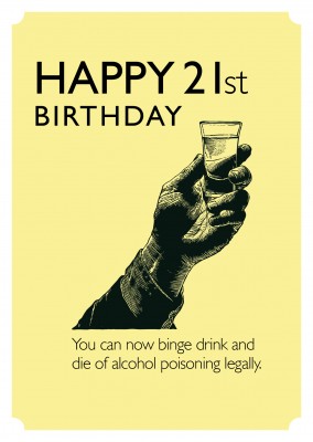 21. Geburtstag lustiges Retromotiv mit alkoholischem Getränk auf gelbem Grund