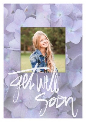 Purple Violets and white, fast handlettering saying get well soon
