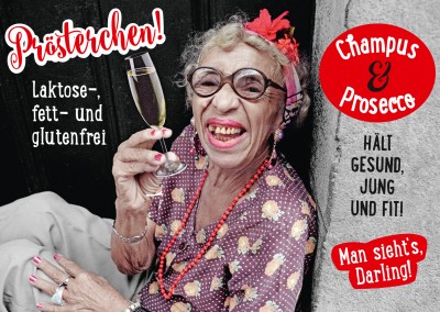 Retro Geburtstagskarte mit Foto und Text – Champus und Prosecco