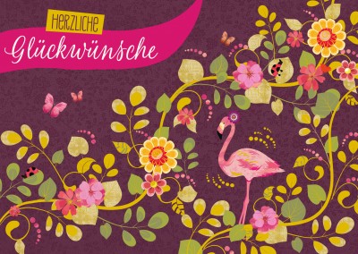 Flamingo Illustration mit Blumen und spruch herzlichen glückwunsch