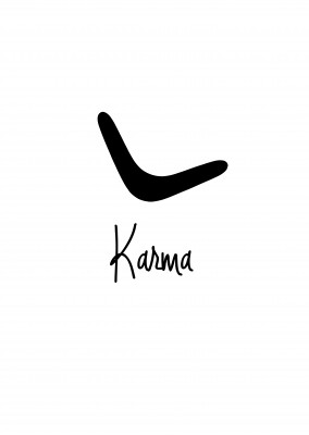 Bumerang-Grafik mit Karma, geschrieben in schwarzer Handschrift auf weissem Hintergrund–mypostcard
