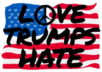 Love Trumps Hate in black on american flag
