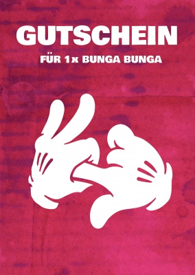 Gutschein für 1x Bunga Bunga-Schriftzug mit Händen auf rotem Hintergrund