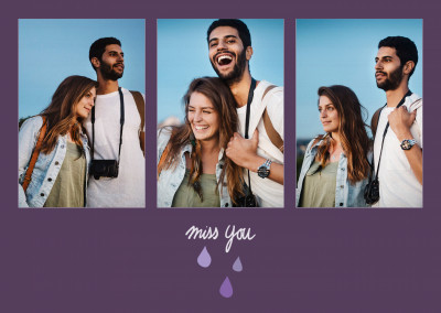 Miss you, handwritten card in aubergine with water drops