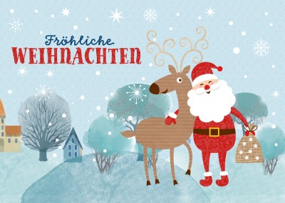 Weihnachts Grusskarte mit Illustration Rentier und Weihnachtsmann