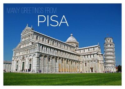 Foto vom schiefen Turm in Pisa bei blauem Himmel