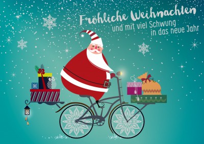 Weihnachts Grusskarte mit Illustration von Weihnachtsmann auf dem Fahrrad