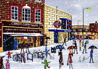 Illustratie Zuid-Londen Kunstenaar Dan Balham sneeuw cafe