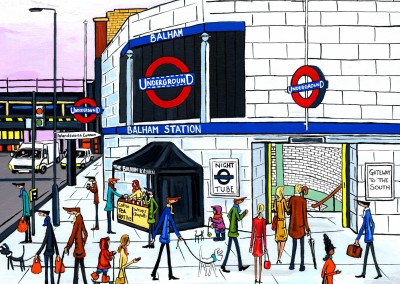 Illustratie Zuid-Londen Kunstenaar Dan Balham Station nacht buis