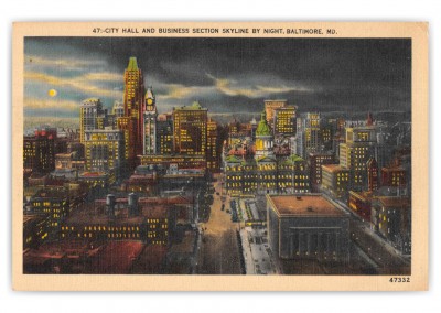 Baltimore Maryland City Hall and Business Section Skyline at Night