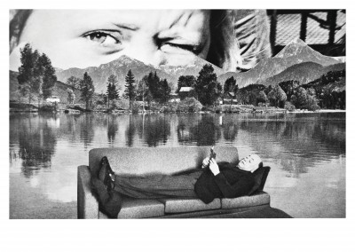 surrealistische zwart-wit collage van belrost een boek lezen