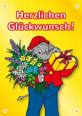 Grafik Benjamin Blümchen mit Blumen und Geschenk