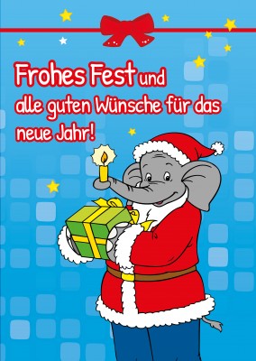 Grafik Benjamin Blümchen als Weihnachtsmann mit Geschenk auf blauem Grund