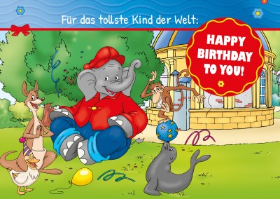 Grafik Benjamin Blümchen vor Haus mit anderen Tieren Party