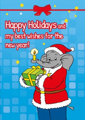 illustration Benjamin the elephant as Santa Claus with gifts