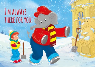 illustration Benjamin the elephant with Otto outside in the snow