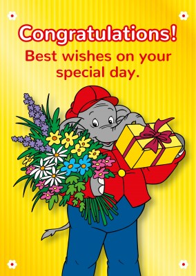 illustration Benjamin the elephant with bouquet and gift