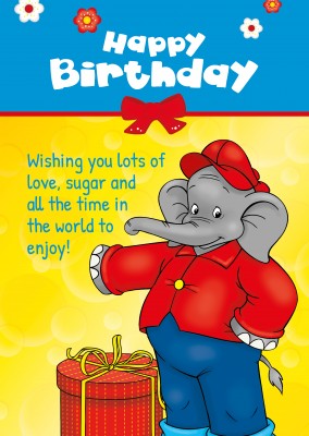 illustration Benjamin the elephant clebrating birthday with gift