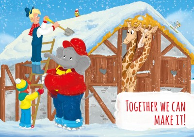 illustration Benjamin the elephant with friends outside in the snow