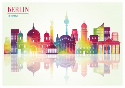 Berlin illustration in Regenbogenfarben mit Wahrzeichen der Stadt–mypostcard