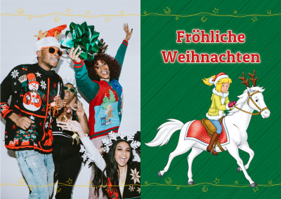 Bibi und Sabrina auf grünem Weihnachtsmusterhintergrund