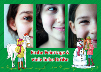 Bibi unt Tina mit Schimmel und Schneemann auf grünem Weihnachtmusterhintergrund