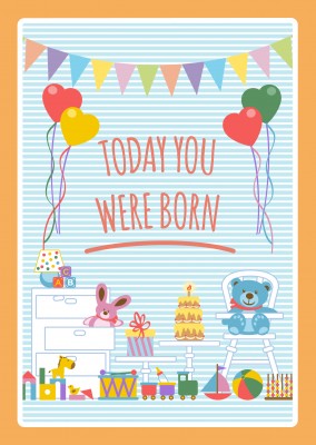 TODAY YOU WERE BORN-Lettering on a blue-striped background with cute toys